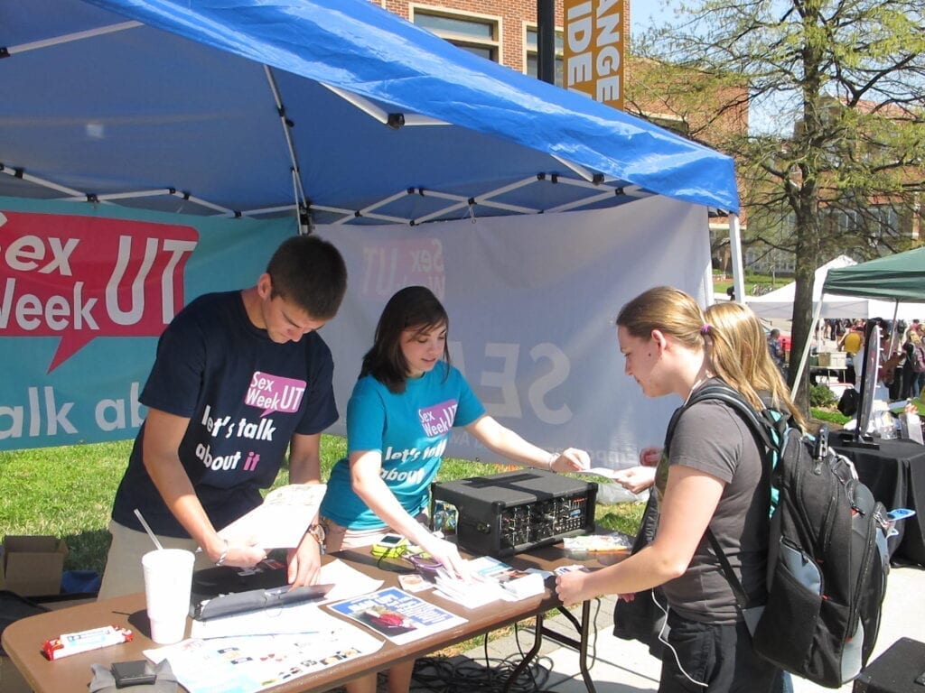For Sex Week 2013, volunteers helped promote events by passing out flyers and stickers. Promoters will be on Pedestrian Walkway to help raise awareness for the Fall preview and the 2014 events.