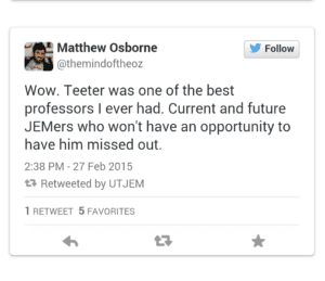 Matthew Osborne tweet, paying respect to Teeter as a professor. 