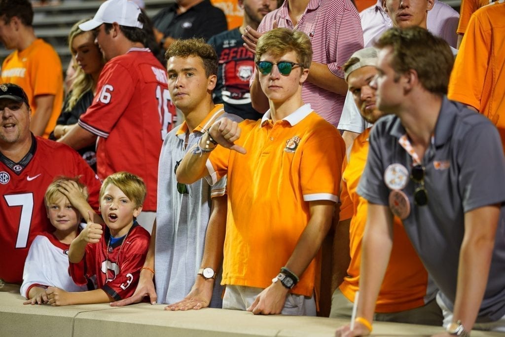 Tennessee and Georgia fans react after the game when Tennessee played Georgia in Neyland on Oct. 5. Photo/ Ben Gleason