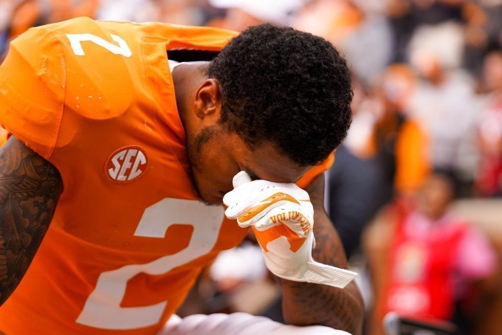 Tennessee's Alontae Taylor says a pregame prayer when Tennessee played South Carolina in Neyland Stadium on October 27, 2019. Photo/ Ben Gleason