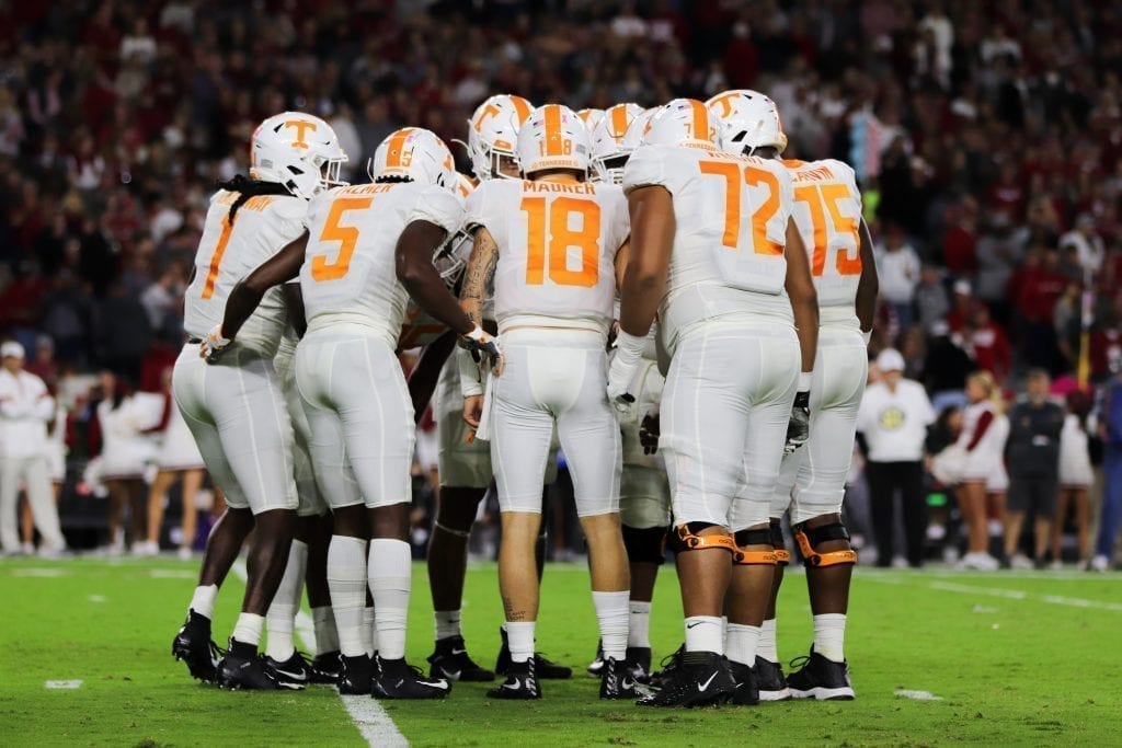 The Volunteer offense huddles up when Tennessee played Alabama in Tuscaloosa on Oct. 19, 2019. Photo/ Ben Gleason