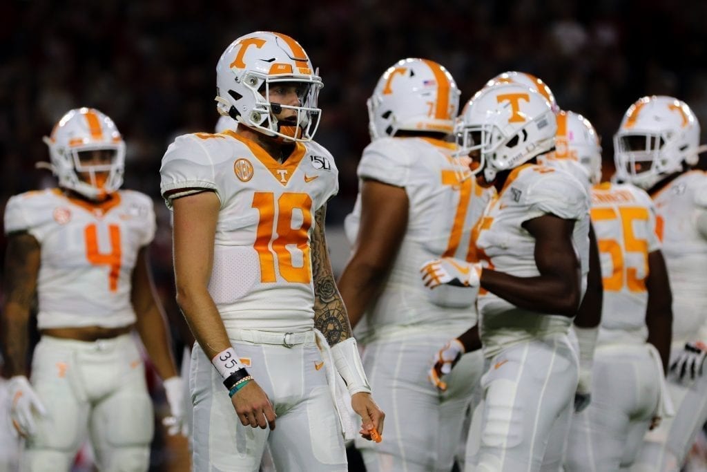 Quarterback Brian Maurer (18) gets a playcall from the sideline when Tennessee played Alabama in Tuscaloosa on Oct. 19, 2019. Photo/ Ben Gleason