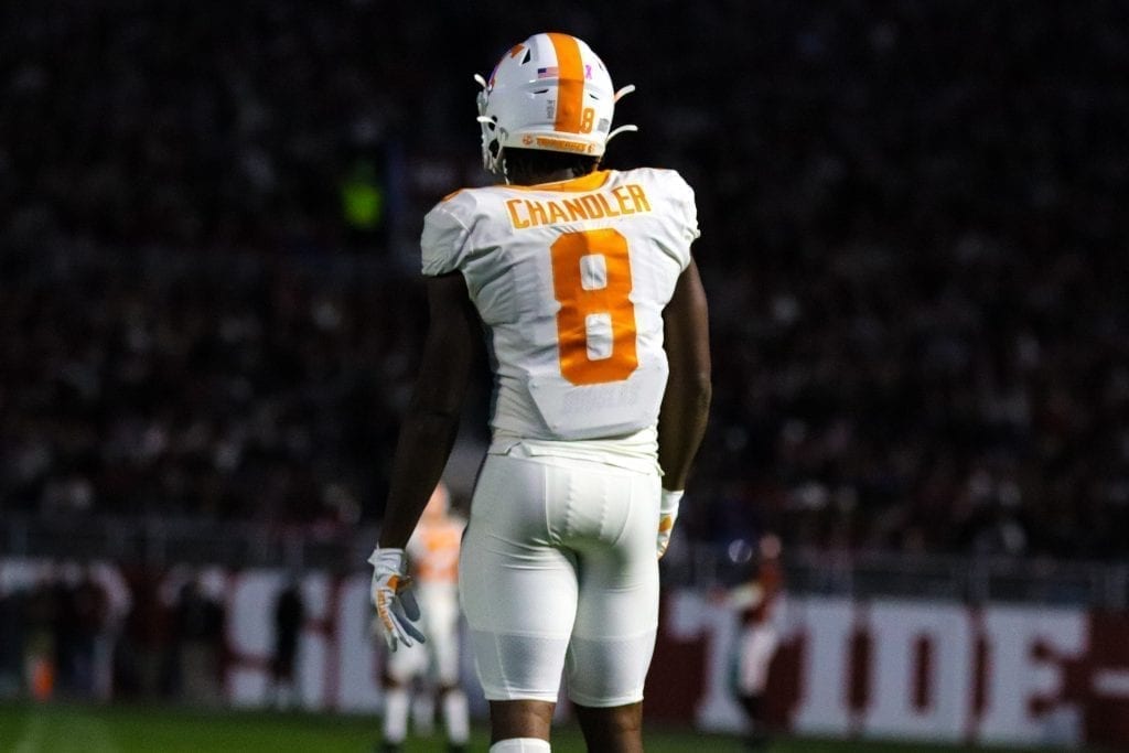 Tennessee running back Ty Chandler (8) lines up on a kick off when Tennessee played Alabama in Tuscaloosa on Oct. 19, 2019. Photo/ Ben Gleason