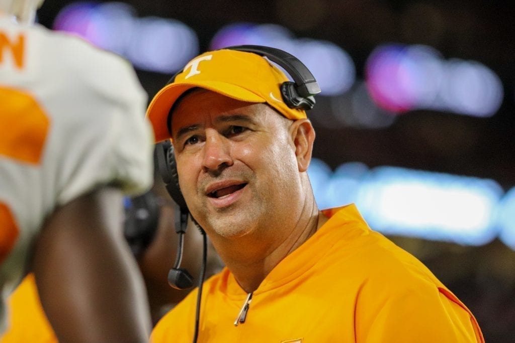 Coach Jeremy Pruitt looking at his player when Tennessee played Alabama in Tuscaloosa on Oct. 19, 2019. Photo/ Ben Gleason