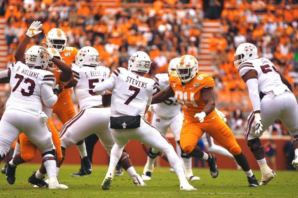 Tennessee defensive lineman Matthew Butler (94) pressures quarterback Tommy Stevens (7) in the backfield on Oct. 12, 2019 in Knoxville, Tennessee. Photo/ Ben Gleason
