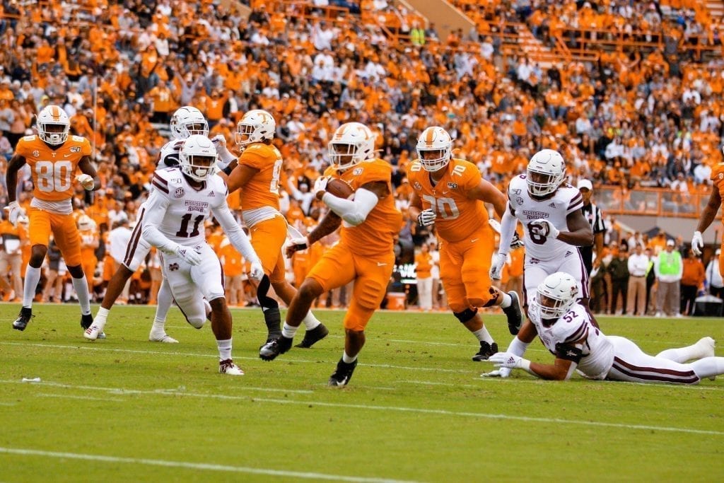 Tennessee running back Tim Jordan (9) rushes towards the end zone on Oct. 12, 2019 in Knoxville, Tennessee. Photo/ Ben Gleason