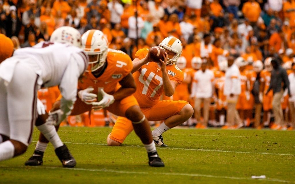 Tennessee punter Joe Doyle (47) gets ready to place hold a field goal on Oct. 12, 2019 in Knoxville, Tennessee. Photo/ Ben Gleason
