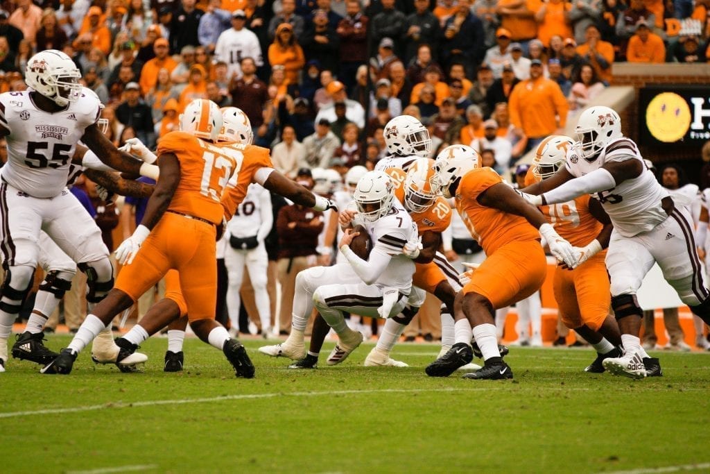 Tennessee defensive back Bryce Thompson (20) sacks Mississippi State quarterback Tommy Stevens on Oct. 12, 2019 in Knoxville, Tennessee. Photo/ Ben Gleason