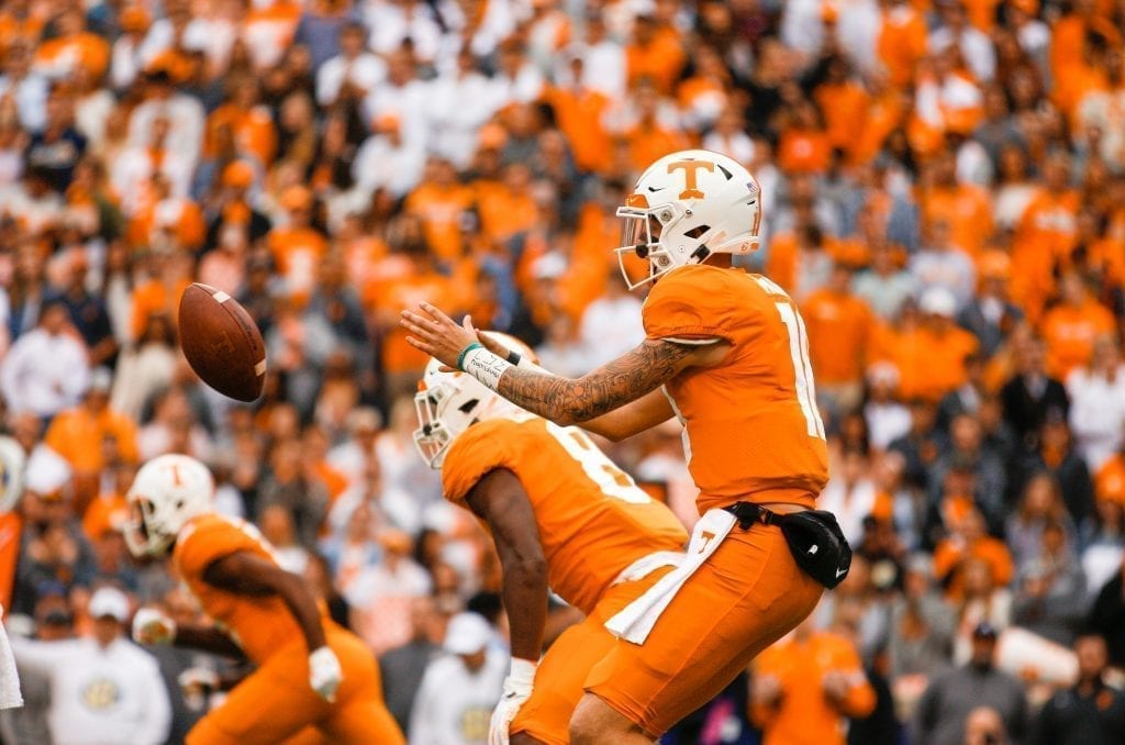 Tennessee quarterback Brian Maurer (18) takes the snap in the backfield on Oct. 12, 2019 in Knoxville, Tennessee. Photo/ Ben Gleason