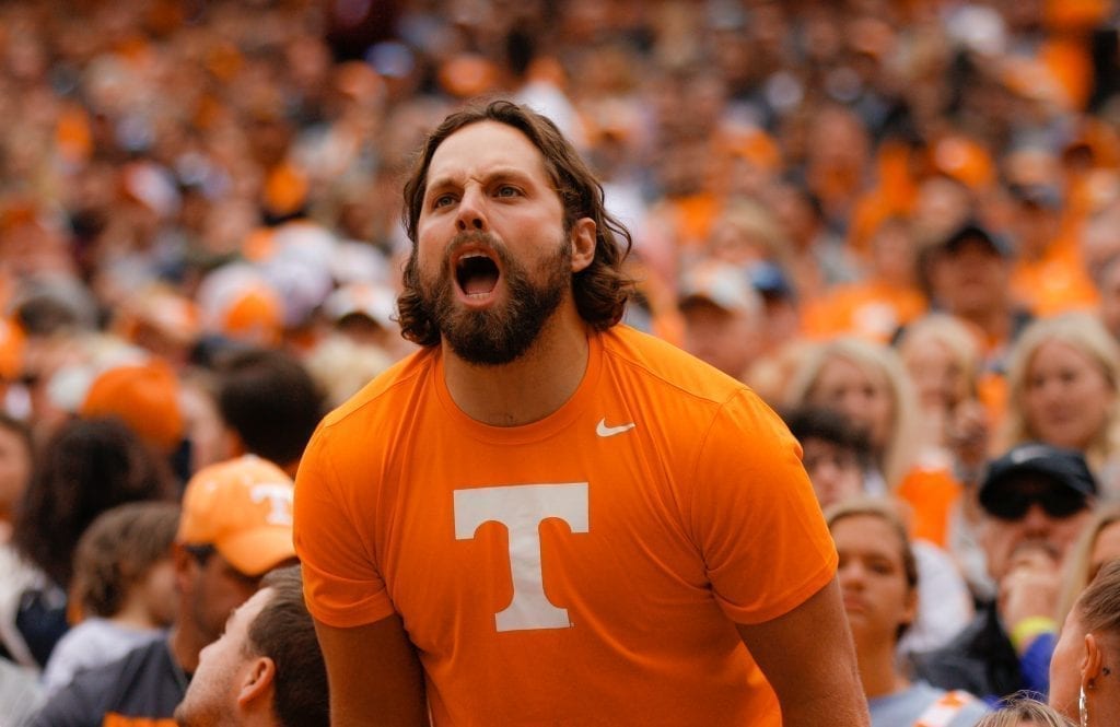 A Tennessee fan hollers during the game on Oct. 12, 2019 in Knoxville, Tennessee. Photo/ Ben Gleason