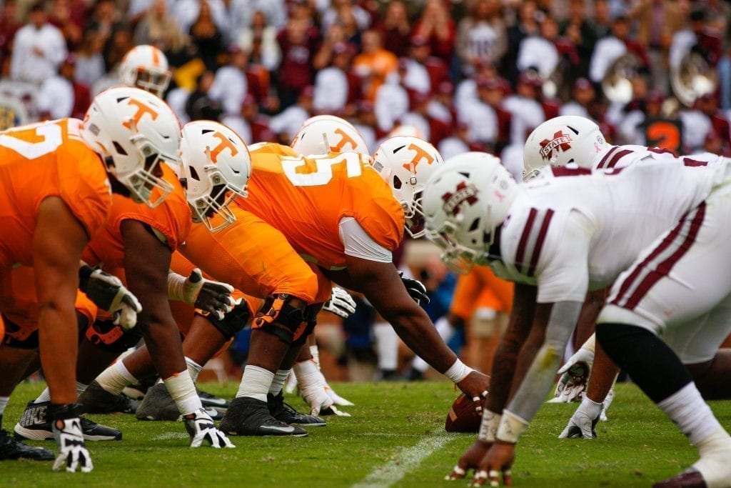 Tennessee and Mississippi State line up in the trenches on Oct. 12, 2019 in Knoxville, Tennessee. Photo/ Ben Gleason
