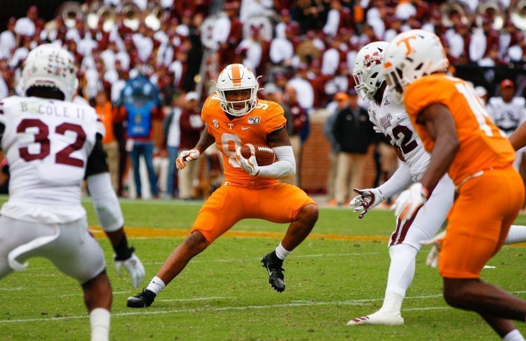 Tennessee running back Tim Jordan (9) makes a cut on Oct. 12, 2019 in Knoxville, Tennessee. Photo/ Ben Gleason