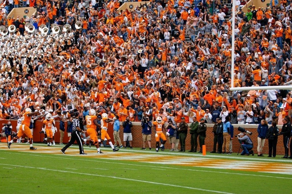 Tennessee fans celebrate Tyler Byrd's (10) touchdown on Oct. 12, 2019 in Knoxville, Tennessee. Photo/ Ben Gleason