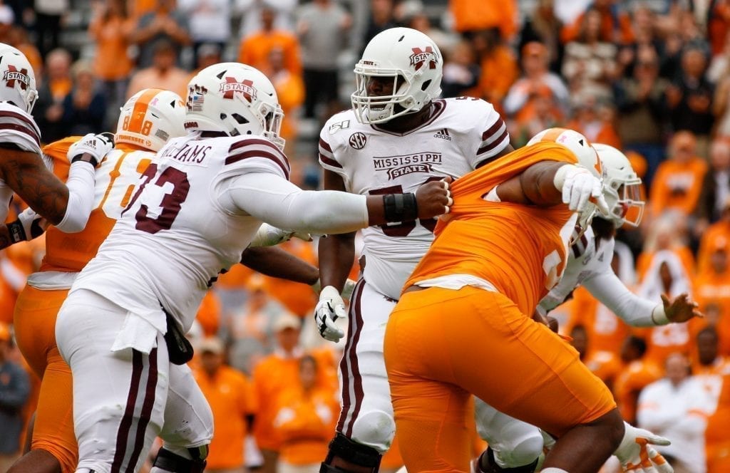 A Tennessee defensive linemen gets held in the backfield on Oct. 12, 2019 in Knoxville, Tennessee. Photo/ Ben Gleason