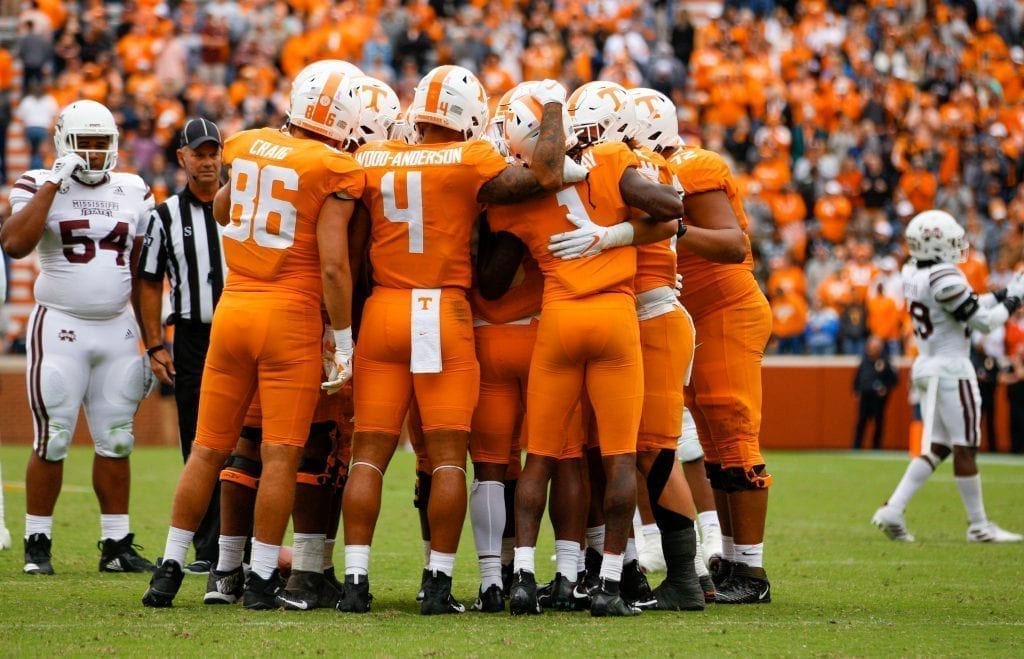 The Tennessee offense huddles up versus Mississippi State on Oct. 12, 2019 in Knoxville, Tennessee. Photo/ Ben Gleason