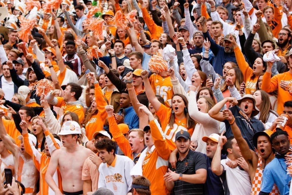 Tennessee fans cheer after the game versus Mississippi State on Oct. 12, 2019 in Knoxville, Tennessee. Photo/ Ben Gleason