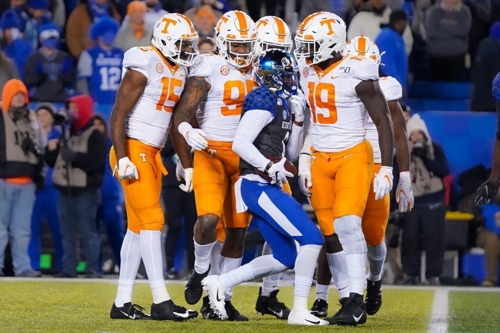 Tennessee special team members swarm a Kentucky punt returner when Tennessee played Kentucky in Kroger Field on November 9, 2019. Photo/ Ben Gleason