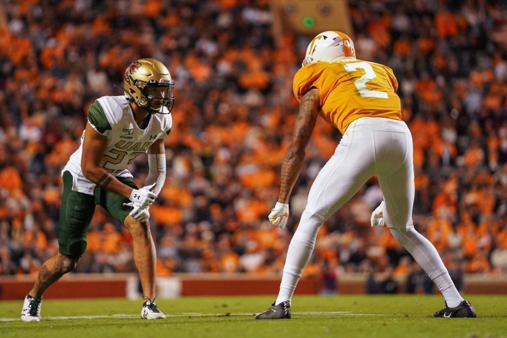 Tennessee defensive back Alontae Taylor (2) squares up on defense when Tennessee played UAB in Neyland Stadium on November 2, 2019. Photo/ Ben Gleason