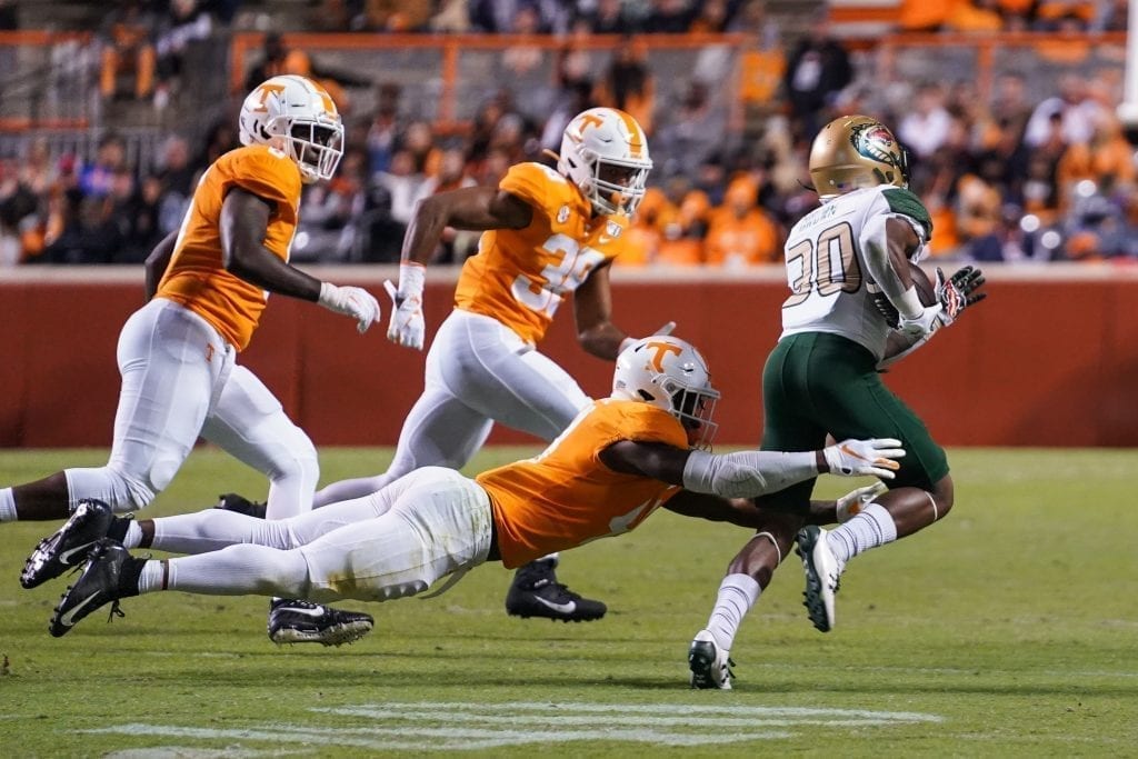 Tennessee defensive back Kenneth George Jr. (41) lays out to tackle UAB running back Kyle Harrell (30) when Tennessee played UAB in Neyland Stadium on November 2, 2019. Photo/ Ben Gleason