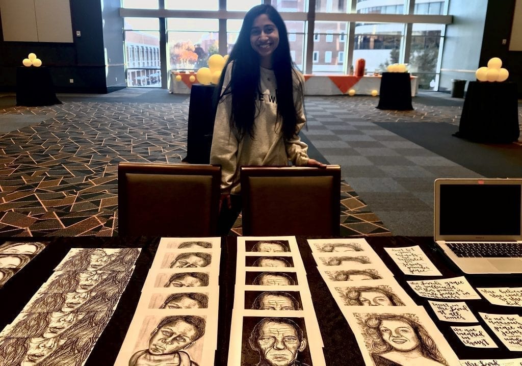 Portraits and calligraphy pieces created by pictures artist Keerthana Duddy. Photo/Myria Pinkston