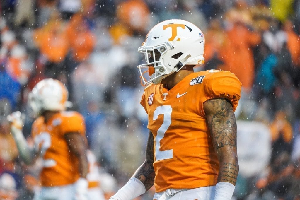 Tennessee corner back Alontae Taylor (2) stands in the rain when Tennessee played Vanderbilt on Nov. 30, 2019. Photo/ Ben Gleason